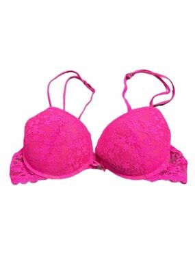 Y2K European Vintage Censored Hot Pink Floral Lace Push-Up Bra (Hot Pink) 36C